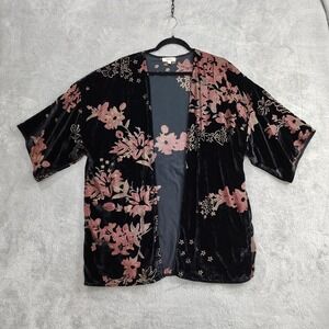 Womens Black Burnout Velvet Kimono‎ Jacket Black Pink Floral Boho Lounge Duster